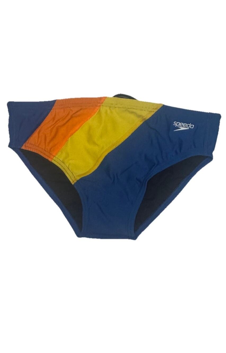 Speedo Eco Endurance Men’s Swim Brief Size 30 Orange Blue Yellow Colorblock NWT